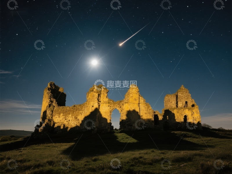 高清大图下载【趣麦麦图】-夜空流星划过古堡遗迹