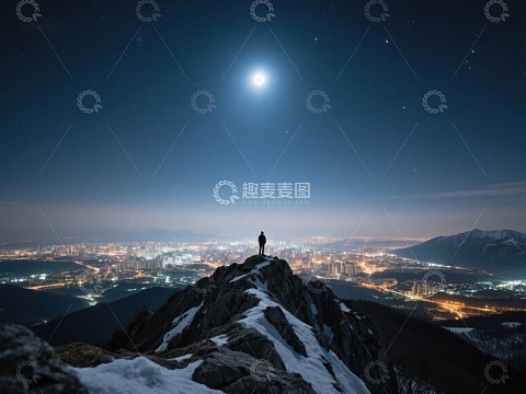山顶夜景，一人仰望星空