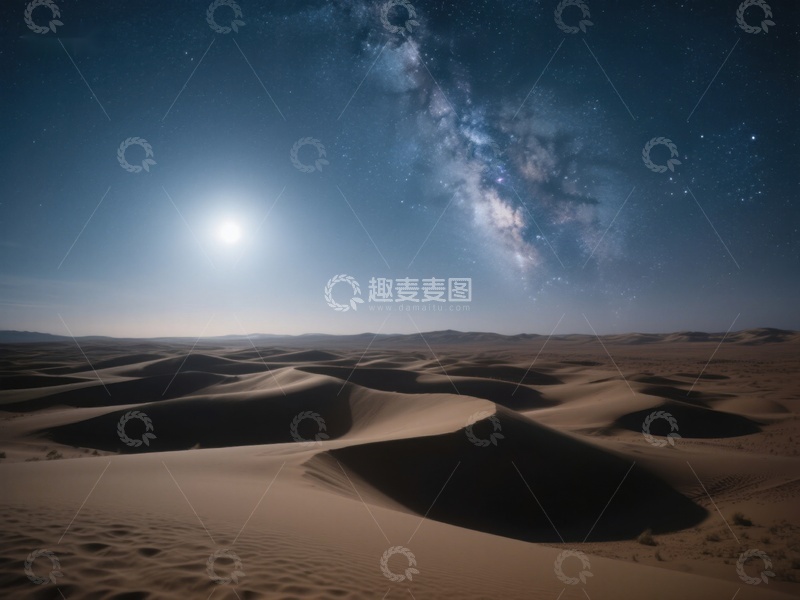 高清大图下载【趣麦麦图】沙漠夜景：银河与明月
