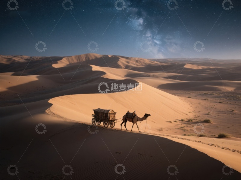 高清大图下载【趣麦麦图】沙漠夜景：骆驼与木车的星空之旅