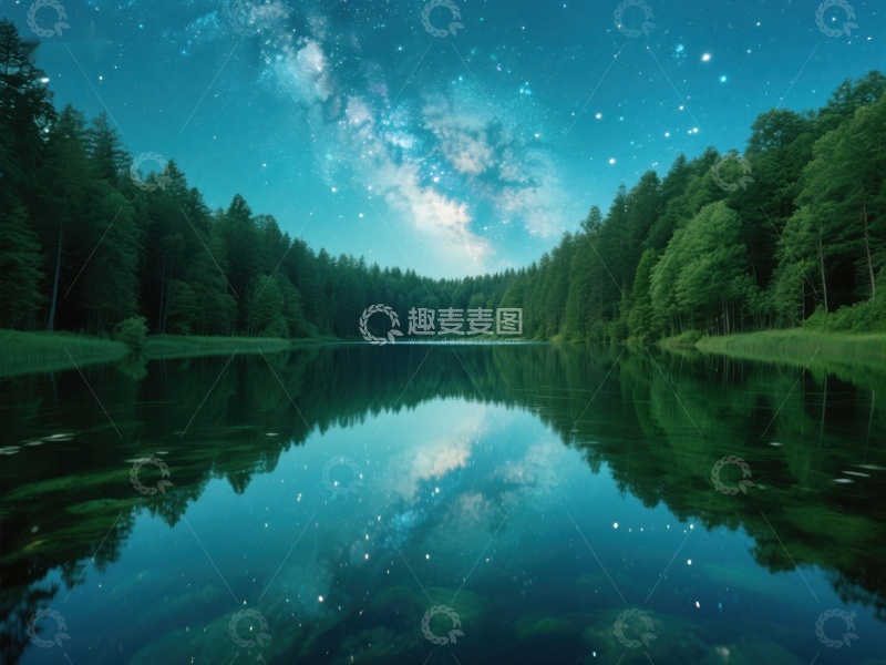 高清大图下载【趣麦麦图】星河映湖，静谧森林夜景