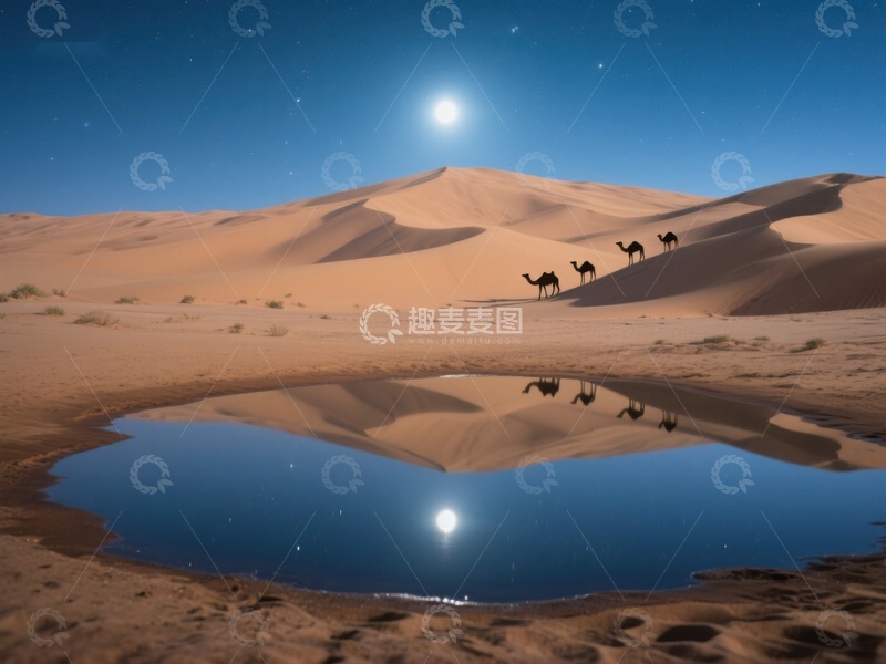 高清大图下载【趣麦麦图】沙漠月夜，骆驼倒影