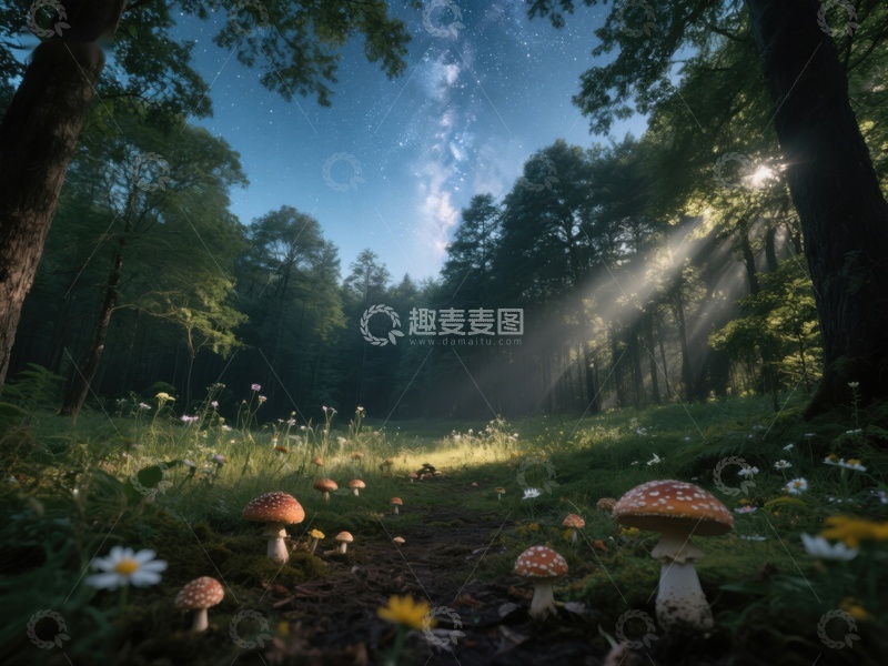 高清大图下载【趣麦麦图】星空下的森林蘑菇小径