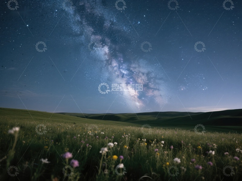 高清大图下载【趣麦麦图】银河横跨夜空，草原繁花似锦