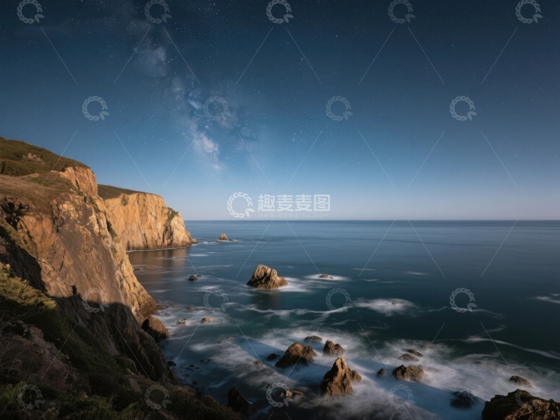 高清大图下载【趣麦麦图】夜幕下的海岸悬崖与星空