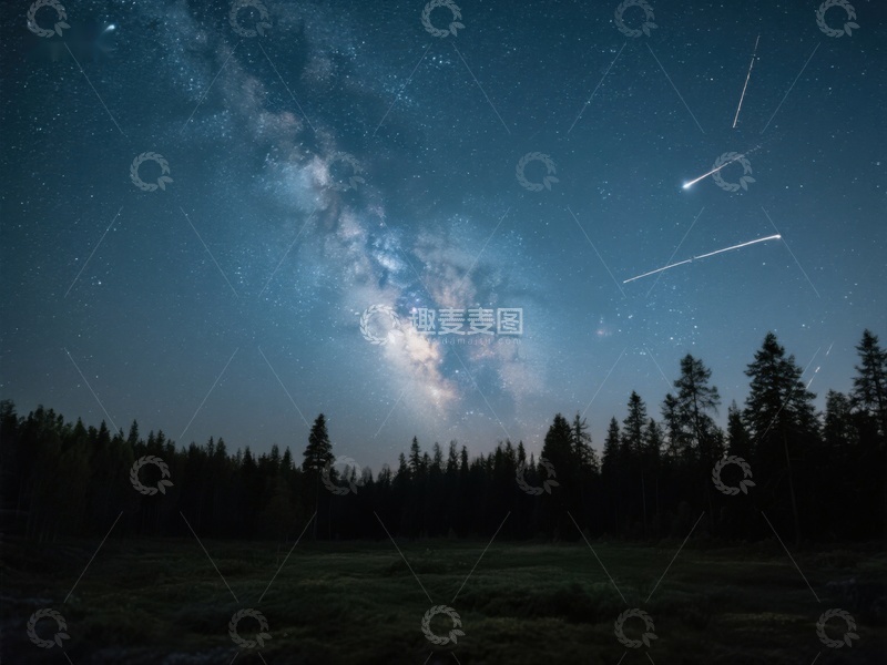 高清大图下载【趣麦麦图】夜空银河与流星划过森林