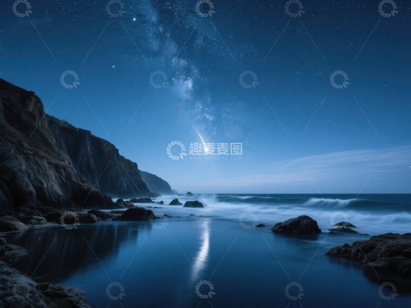 高清大图下载【趣麦麦图】夜空流星划过海岸