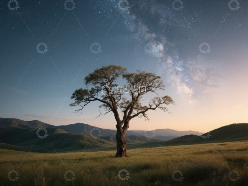 高清大图下载【趣麦麦图】孤树夜空下的宁静草原