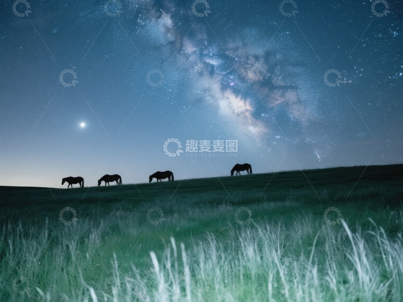 高清大图下载【趣麦麦图】夜空下草原上的马群