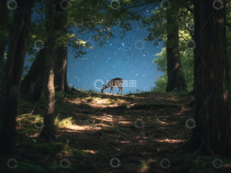 高清大图下载【趣麦麦图】夜空下森林中的鹿