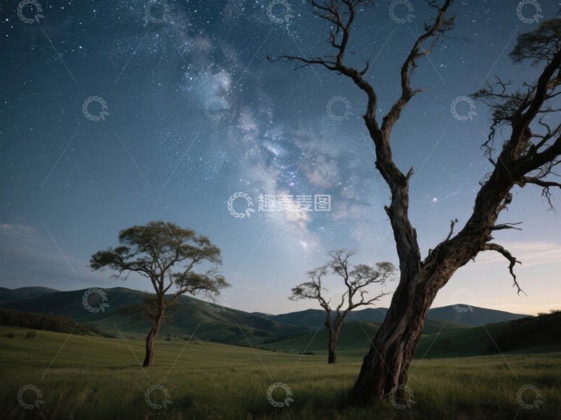 高清大图下载【趣麦麦图】星空下的孤树与草原