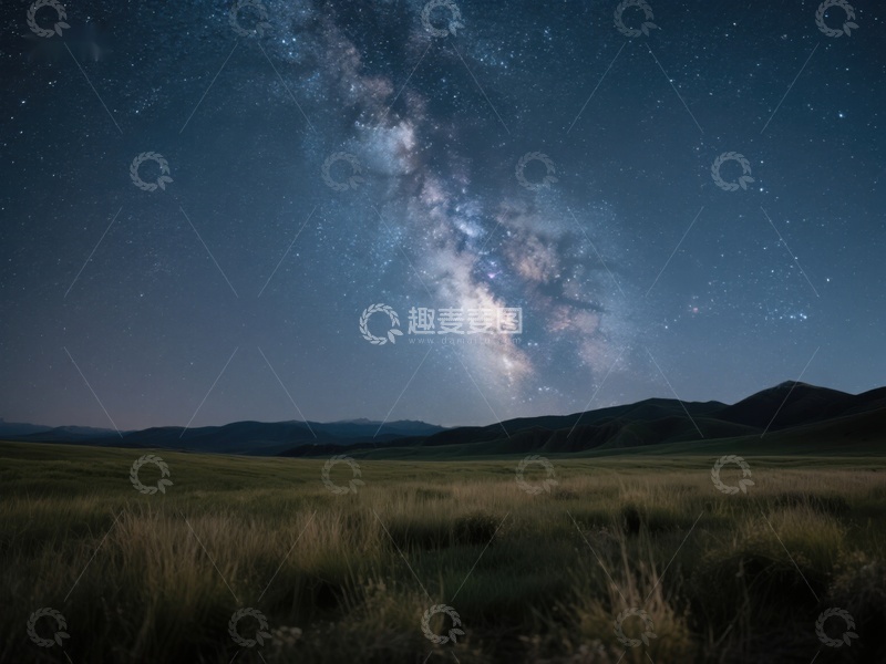 高清大图下载【趣麦麦图】夜空银河下的草原风光