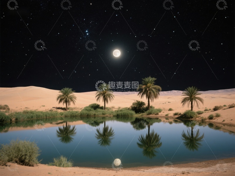 高清大图下载【趣麦麦图】沙漠绿洲夜景，月光映照水面