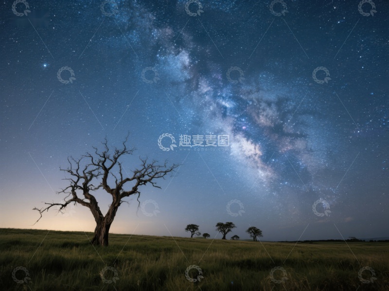 高清大图下载【趣麦麦图】夜空下的孤树与银河