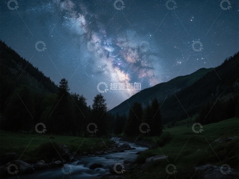 高清大图下载【趣麦麦图】银河夜空下的山谷溪流