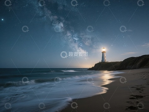 夜空下的灯塔与海滩