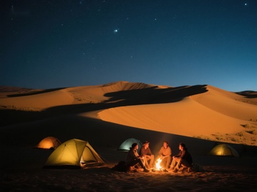 沙漠夜景下的篝火与帐篷
