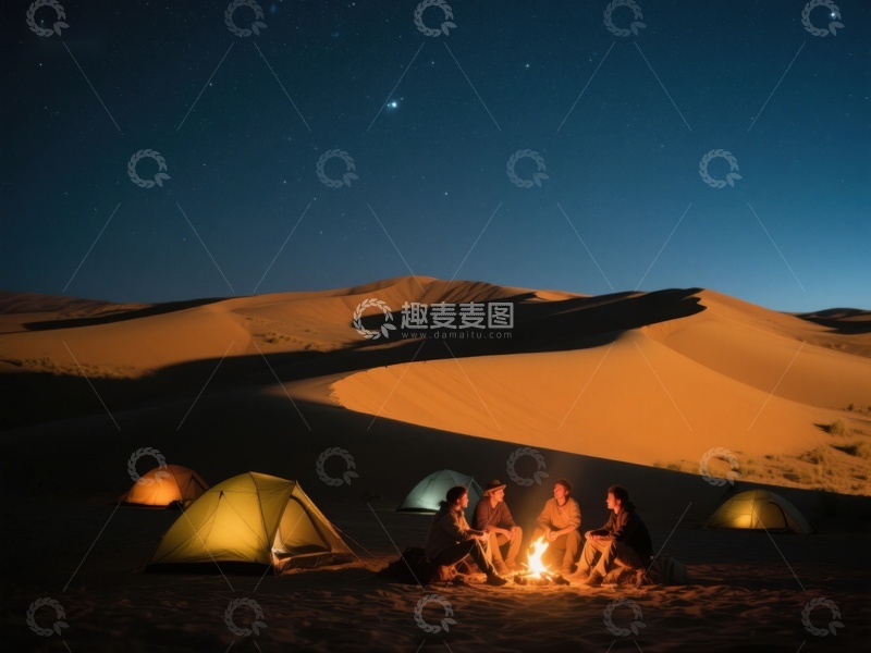 高清大图下载【趣麦麦图】沙漠夜景下的篝火与帐篷