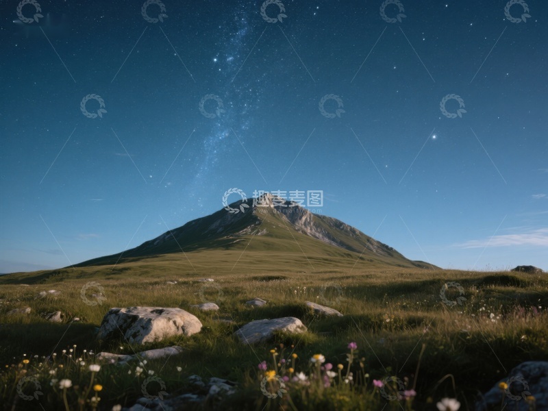 高清大图下载【趣麦麦图】星空下的山峰与草地