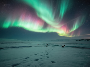 极光下的雪地足迹