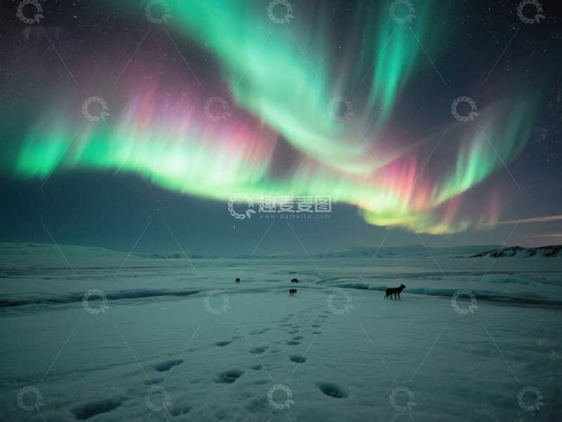 高清大图下载【趣麦麦图】极光下的雪地足迹