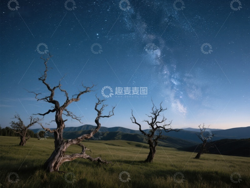 高清大图下载【趣麦麦图】夜空下的枯树与银河