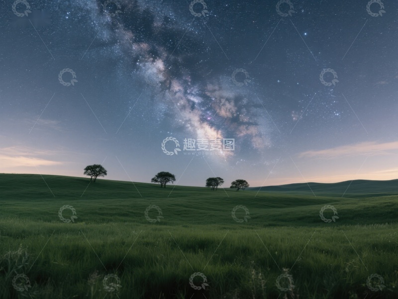 高清大图下载【趣麦麦图】夜空银河下的宁静草原