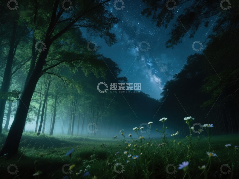 高清大图下载【趣麦麦图】夜空下的森林与野花