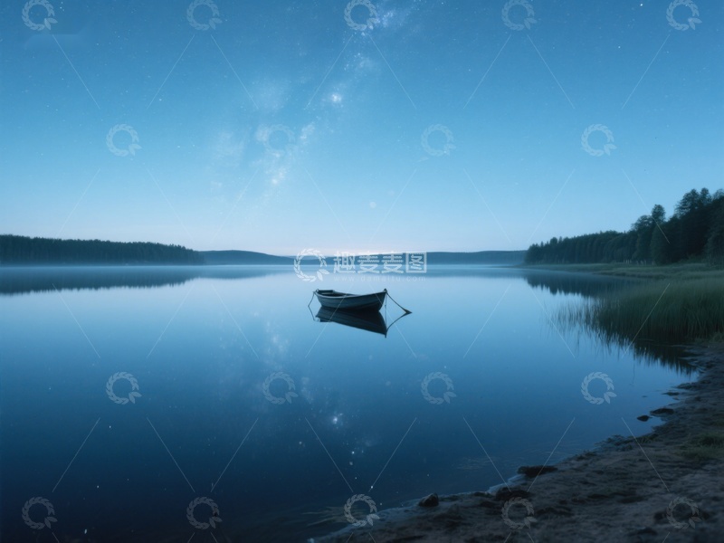 高清大图下载【趣麦麦图】静谧湖面，孤舟夜泊