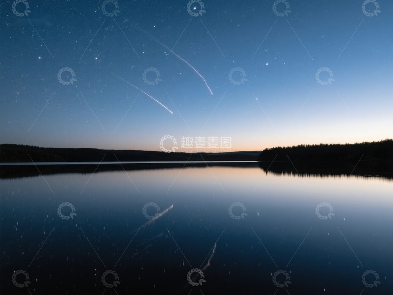 高清大图下载【趣麦麦图】夜空星辰映湖面，飞机划过天际