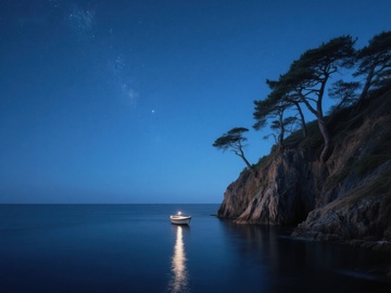 夜空下的孤舟与松林