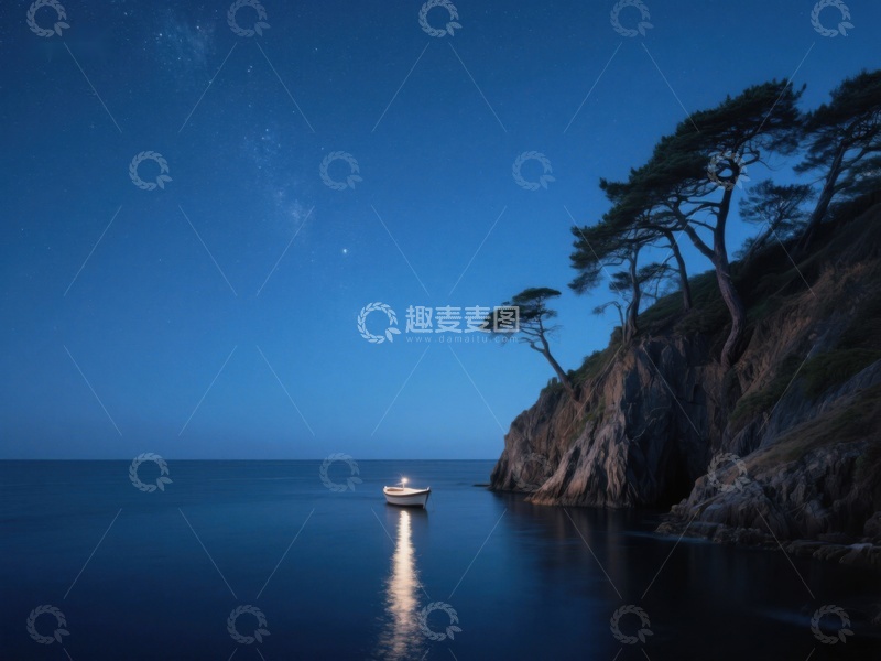 高清大图下载【趣麦麦图】夜空下的孤舟与松林
