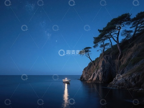 夜空下的孤舟与松林