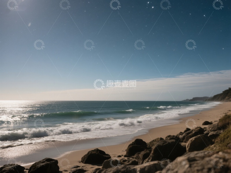 高清大图下载【趣麦麦图】宁静海滩夜景，星光闪烁