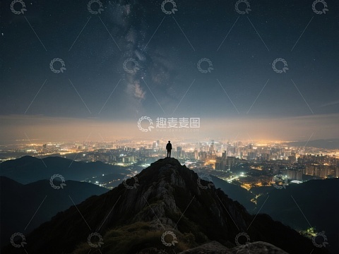 夜空下山巅俯瞰城市