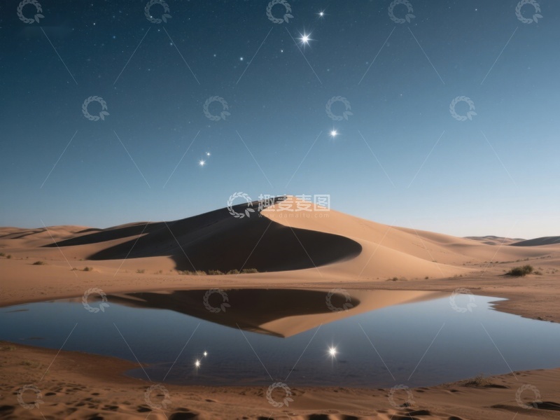 高清大图下载【趣麦麦图】沙漠夜景：沙丘与星空倒映水面