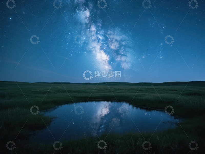 高清大图下载【趣麦麦图】夜空银河倒映池塘