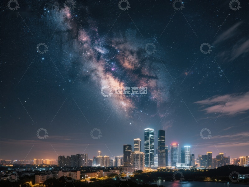 高清大图下载【趣麦麦图】夜空银河下的城市景观
