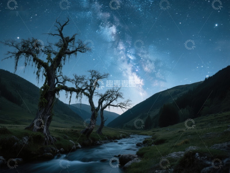 高清大图下载【趣麦麦图】星空下的幽谷溪流