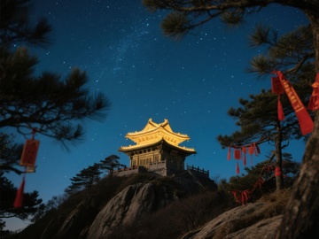 夜空下的古塔与松树