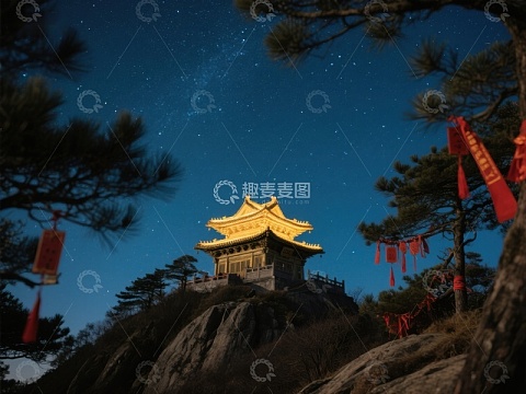 夜空下的古塔与松树