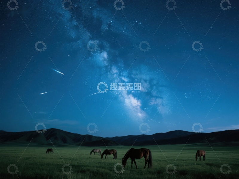 高清大图下载【趣麦麦图】夜空下的草原与马群