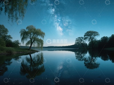 夜空下的湖畔倒影