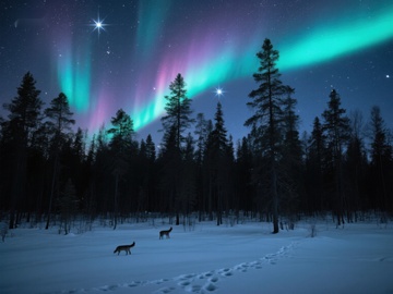 极光下的冬夜森林