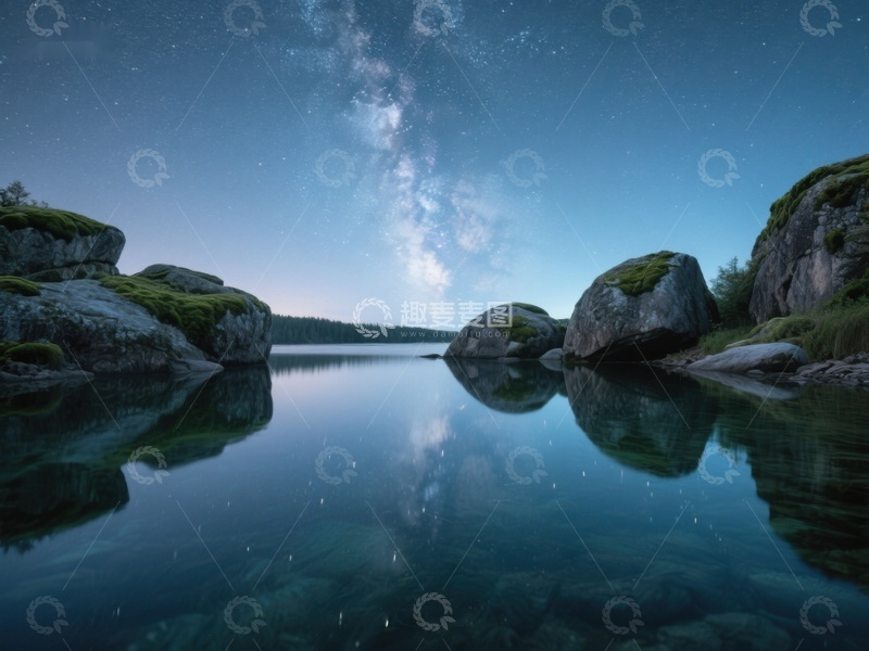 高清大图下载【趣麦麦图】银河映照湖面，岩石静谧夜景