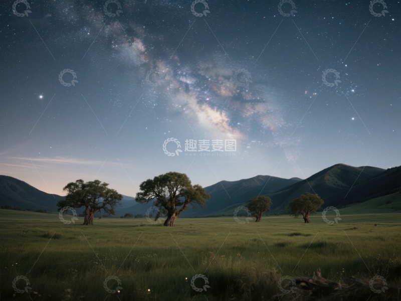 高清大图下载【趣麦麦图】银河横跨夜空，草原树木静谧