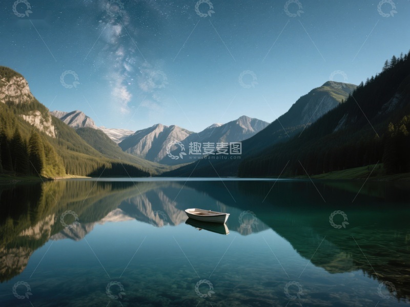 高清大图下载【趣麦麦图】静谧湖面孤舟映山