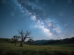 银河横跨夜空，孤树点缀草原