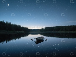 夜空下的静谧湖面与独木舟