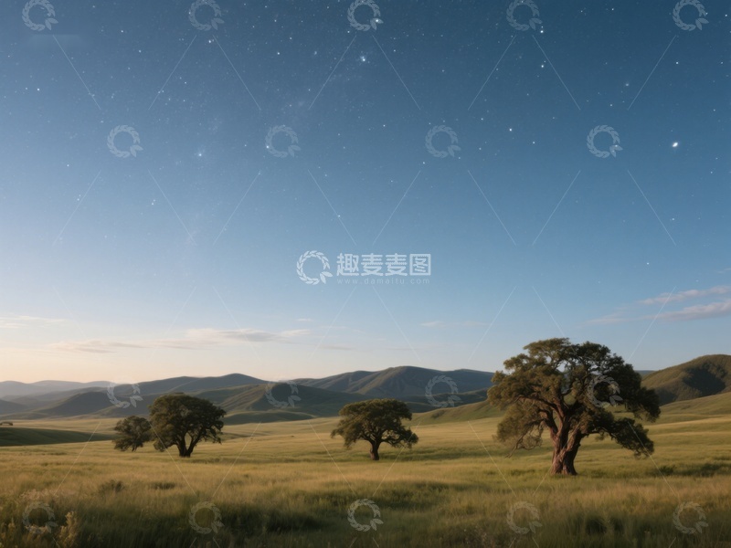 高清大图下载【趣麦麦图】星空下的草原与孤树